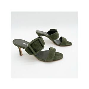 Manolo Blahnik Gable Green Suede Buckle Open Toe Stiletto Sandals Mules IT 37.5